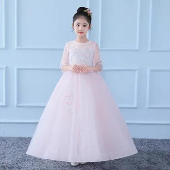 

New Elegant Children Girls Sweet Pink Embridery Flowers Host Piano Pageant Long Fluffy Prom Dress Kids Birthday Wedding Dress