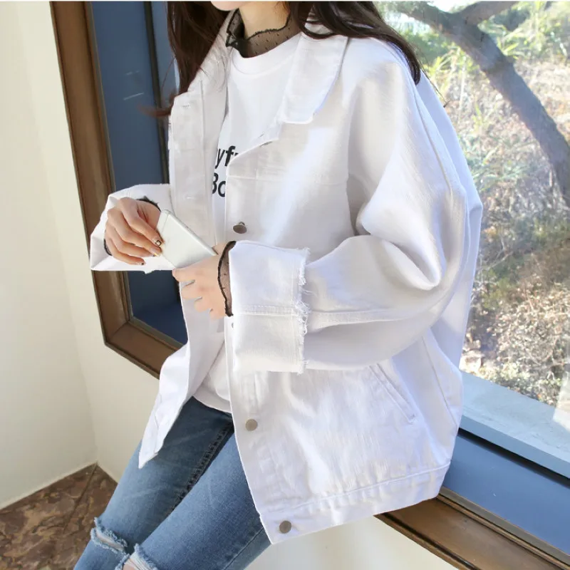 

Spring Autumn Boyfriend Denim Jacket Womens Jackets And Coats White Lapel Single Breasted Casual Loose Outwear Casacos Feminino