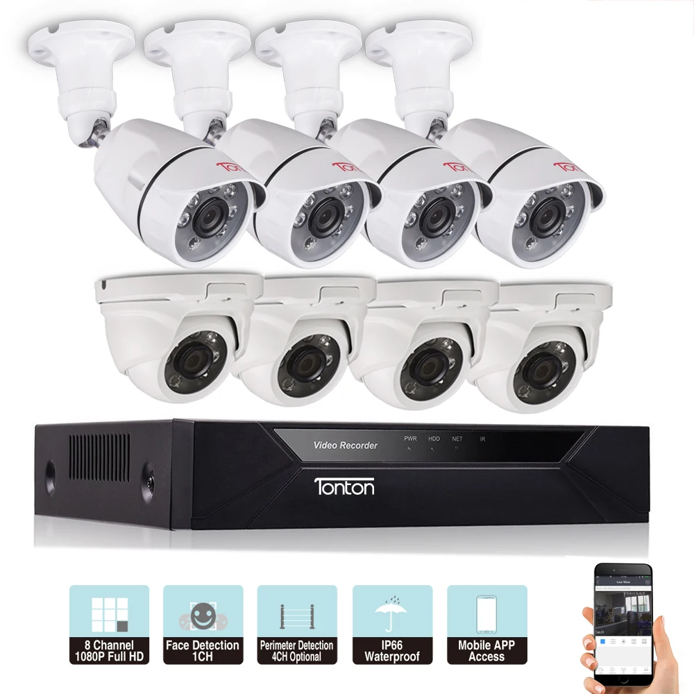 Tonton 1080P 8CH 5 в 1 DVR комплект CCTV система видеонаблюдения Обнаружение лица наружная