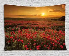 Poppy Decor Tapestry Poppy Field at Sunset Sun Beams Meadow Cloudscape Wildflower Scene Wall Hanging Bedroom