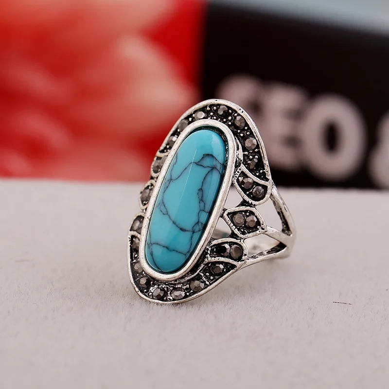 17X30mm Голубой Бирюзовый Овальный драгоценный камень серебро марказит кольцо