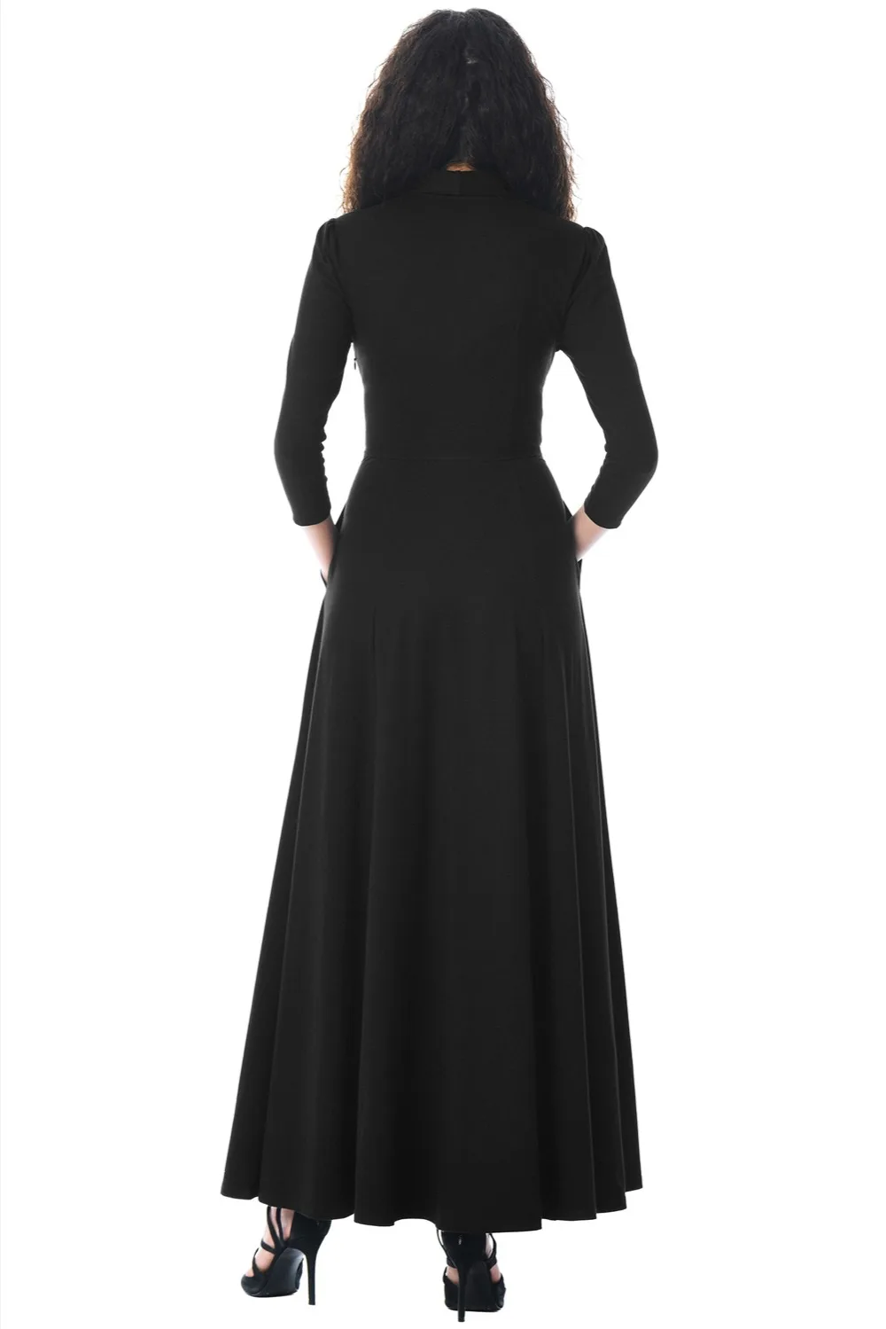 Black-Pocketed-3-4-Sleeves-Tie-Neck-Maxi-Dress-LC610398-2-2