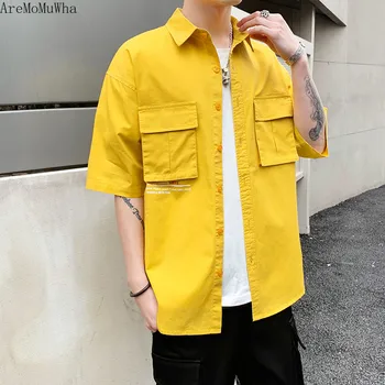 

AreMoMuWha 2019 Summer Thin Tooling Short-sleeved Shirt Male Trend Student Jacket Loose Pocket Cotton Shirt Shirt Clothes QX912