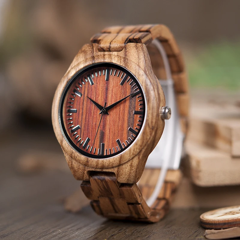 BOBO BIRD V-K27 Zebra Wooden Wristwatch Mens Brand Design Red Wooden Dial Quartz Watch Wood/Leather Strap Available in Gift Box