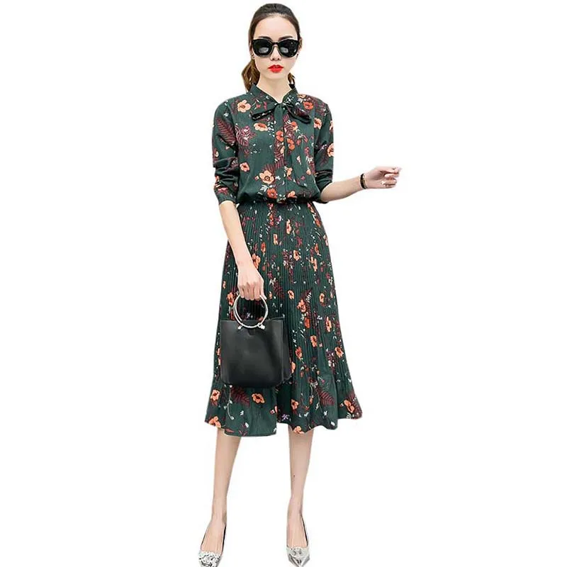 

Women Chiffon Long Dress Fashion Floral Print Pleated Bow Sweet Cute Vestidos Spring Summer Long Sleeve Casual Loose DressRE0479