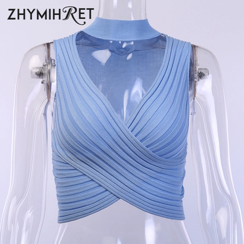 ZHYMIHRET Summer V Neck Halter Ribbed Tank Tops Women Knitted Wrap Ruched Festival Sexy Neon Crop Tops Female Haut Femme