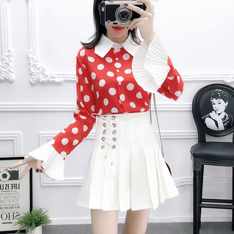 Nouvelle La Rouge Gratuite Sexemara noir Mode Plissée pièce Costume Deux Shirt Trompette Polka Manches Dot Livraison Jupe wBwZq
