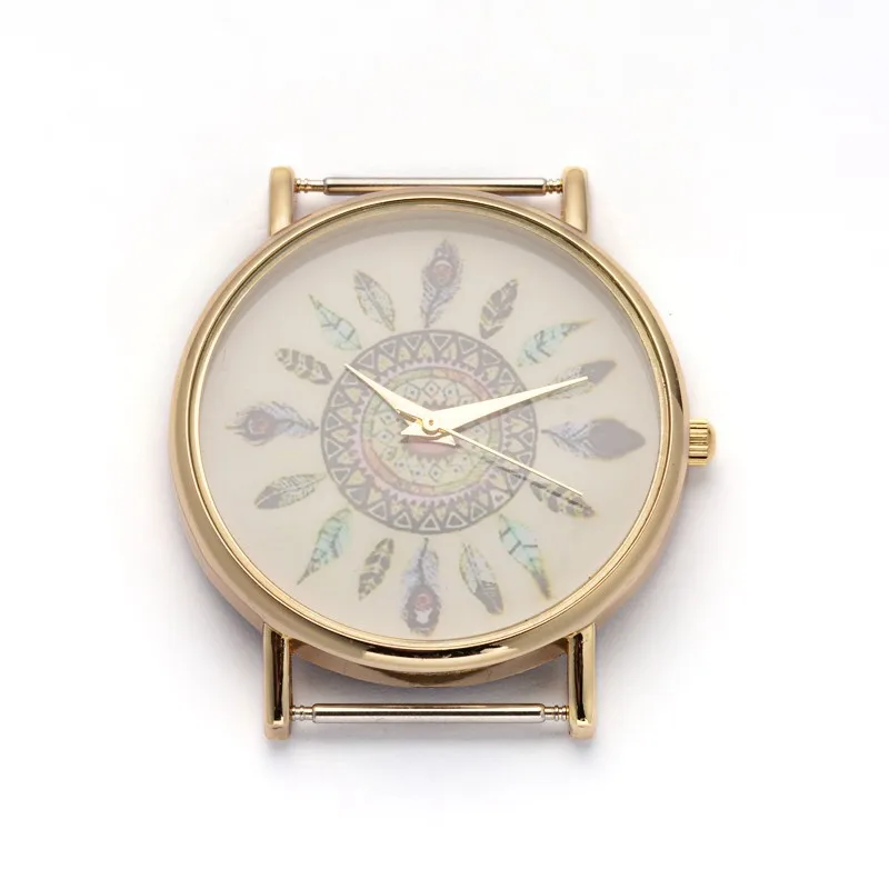 

6 pcs Alloy Watch Face Watch Heads, Flat Round with Feather, Golden, Size: about 40.5mm wide, 45mm long, watch face: 38.5mm