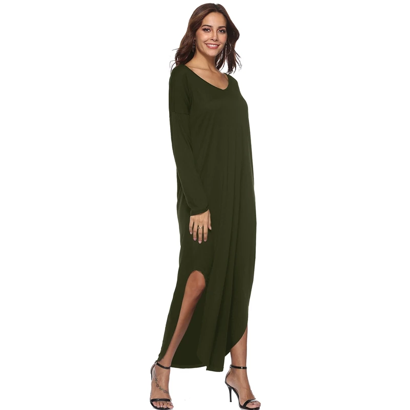 Women's Casual Pockets Long Dress Long Sleeve Split Loose Solid V-neck Maxi Dress Boho Beach Party Long Dress