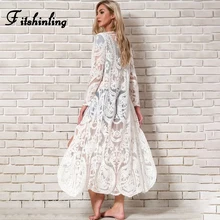 Fitshinling-Long, Cover Up pour la plage, Sarong en dentelle brodée, Kimono, Sexy, Transparent, pour la plage