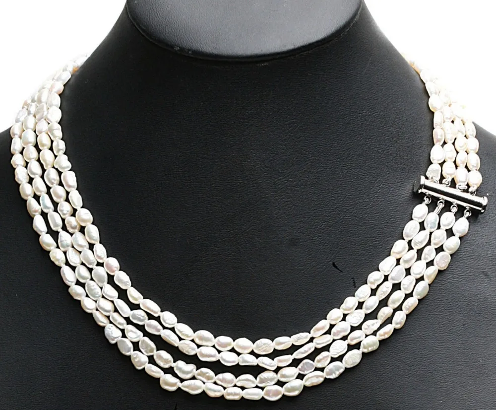 

FREE SHIPPING HOT sell new Style >>>>> 4 Row 6mm Baroque Nugget Natural White Cultured Freshwater Pearl Necklace Choker