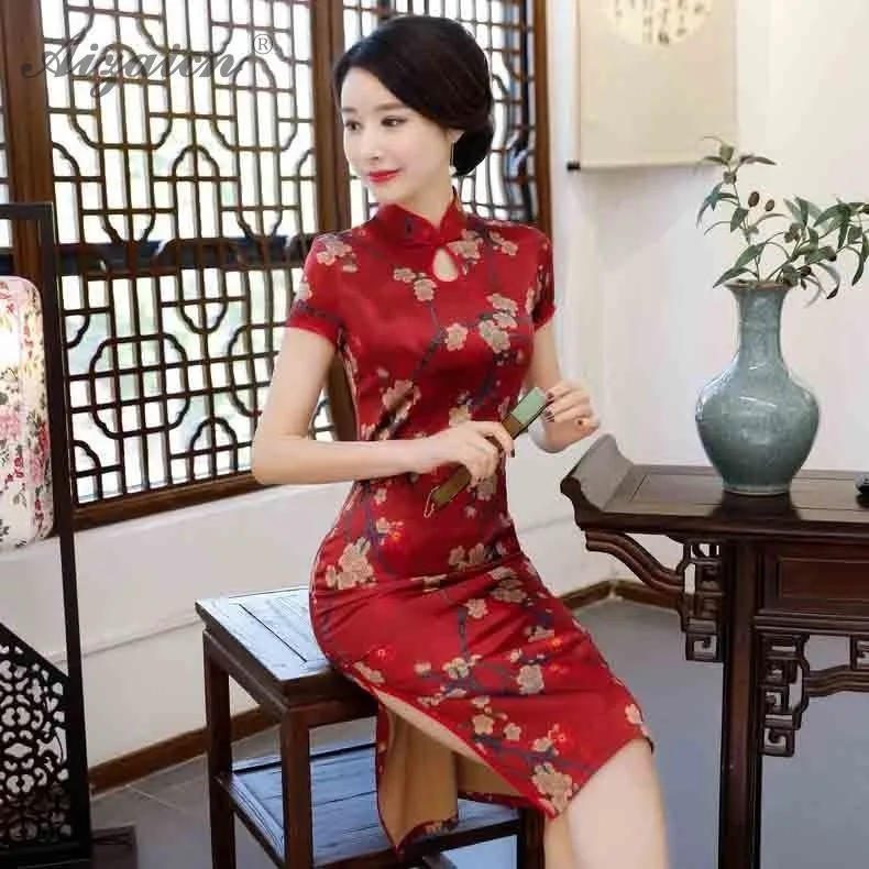 2019 vestido rojo chino tradicional vestido satinado Qi Pao винтажный Чонсам розовая одежда estilo Восточная vestidos de impresión