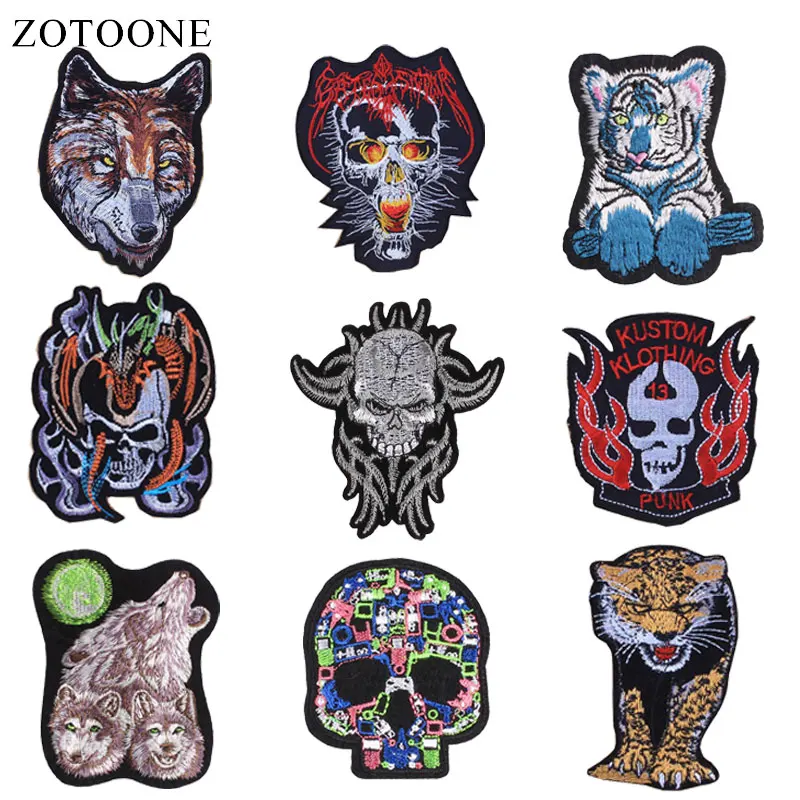 

ZOTOONE Skull Wolf Tiger Patches Cool Stickers Iron on Clothes Heat Transfer Applique Embroidered Applications Cloth Fabric G