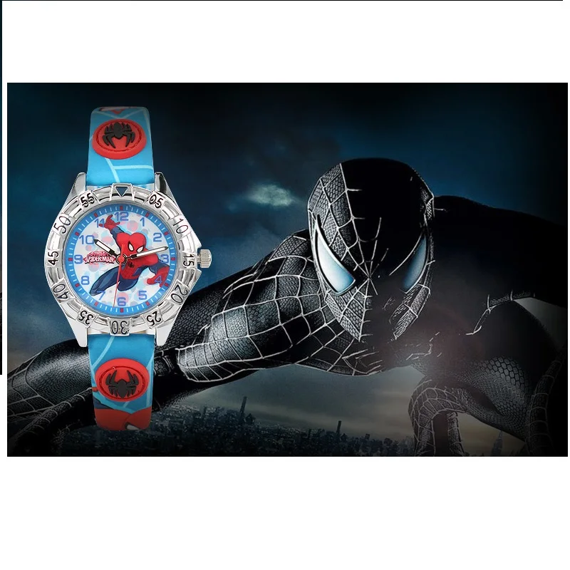 Marvel Мстители Дисней Мальчик Человек-паук красный черный синий малыш PU Группа Круглый Япония кварц дети мультфильм светящиеся ручные часы 81035