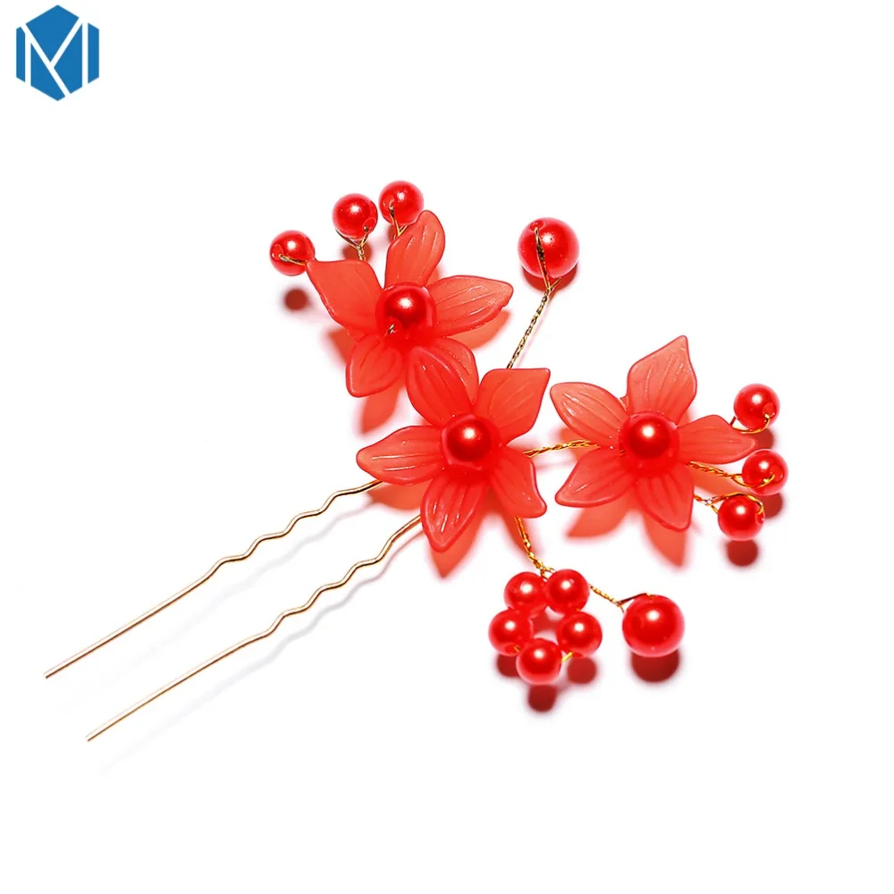 

M MISM Women Wedding Floral Hairpin Red Leaf Pearl Hair Sticks Floral Headdress Fashion Party Plait Hair Clip Festival Hair