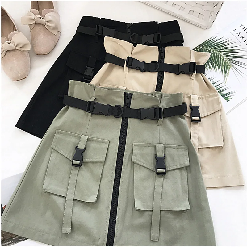 Half-length Skirt Women Pocket Skirt Sashes Ladies Short Tool Skirt Summer 2019 Korean A Line Zipper One-Step Skirt with Belt Half-length Skirt Women Pocket Skirt Sashes Ladies Short Tool Skirt Summer 2019 Korean A Line Zipper One-Step Skirt with Belt