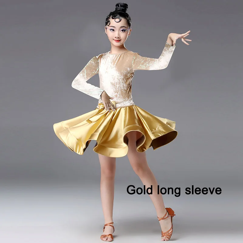 Gold long sleeve Детское платье для латинских танцев; бархатное платье с длинными рукавами для девочек; одежда для латинских танцев; костюм для выступлений; DQL1032 - Цвет: Gold long sleeve