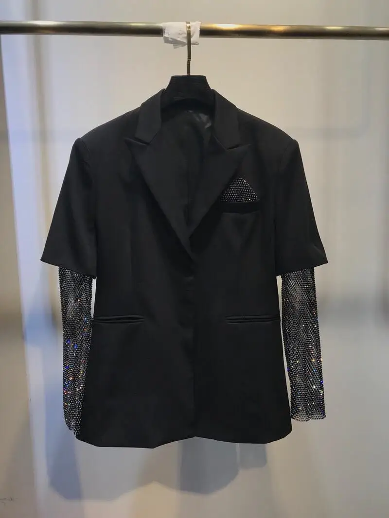 

autumn new women mesh sleeve diamonds thin blazer coat ddxgz2