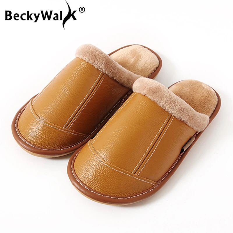 

BeckyWalk Winter Women Slippers Genuine Leather Indoor Home Warm Women Shoes Non-slip Floor Warm Plush Women Men Slipper WSH3120