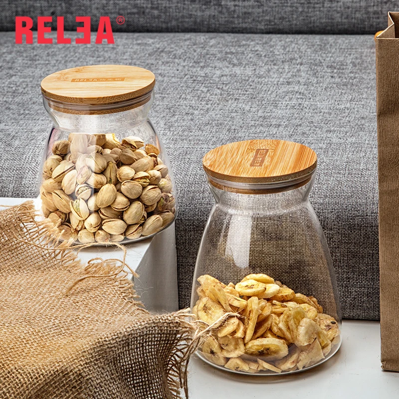 

RELEA- Transparent Storage Bottles Glass Jar Sealed Cans with Bamboo Cover Large Capacity Tampion Cereals Glass Bottle