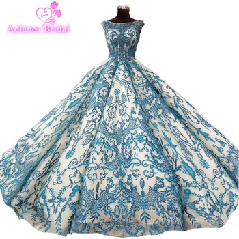 

2018 New Arrival Aolanes Luxury Sleeveless Vestidos De Noiva Blue Lace Scoop Ball Gown Vintage Wedding Dress Jurken Bride Gown