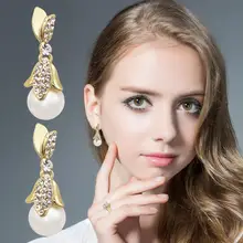 LYIYUNQ Fashion Flower Crystal Earring Vintage Leaf Rhinestone Jewelry Classic Long Pearl Stud Earrings For Women stylish rhinestone flower leaf bracelet for women