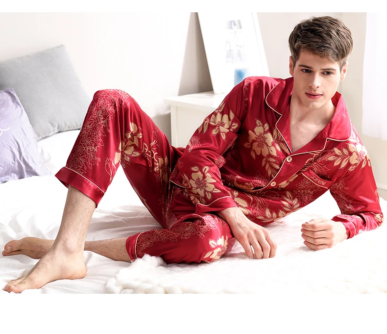 CherLemon для мужчин атласные шелковые пижамы женщин 3 шт. бретели топ и брюки для девочек пижамный комплект осень красный цветочный принт