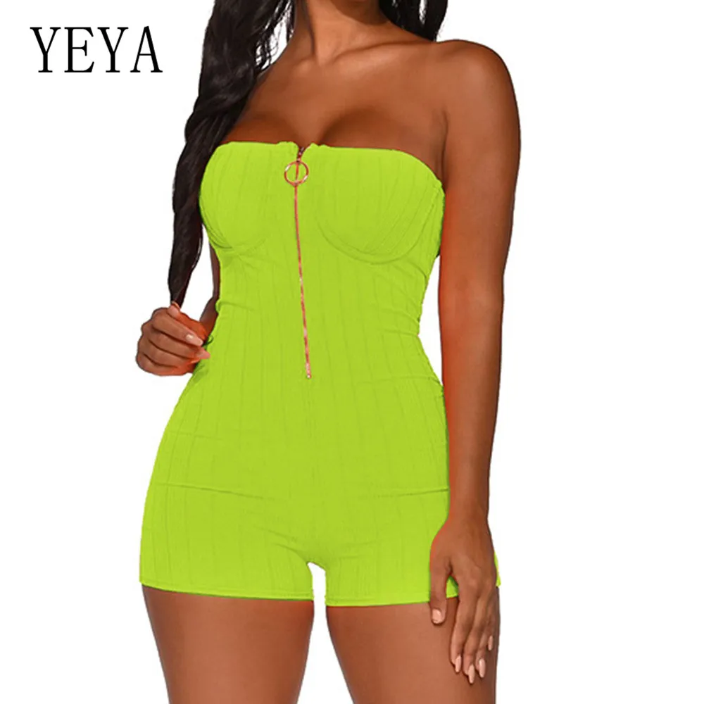 

YEYA Orange Green Skinny Strapless Tube Romper Women Jumpsuits Summer Sexy Sleeveless Streetwear Femme Bodycon Zipper Playsuits