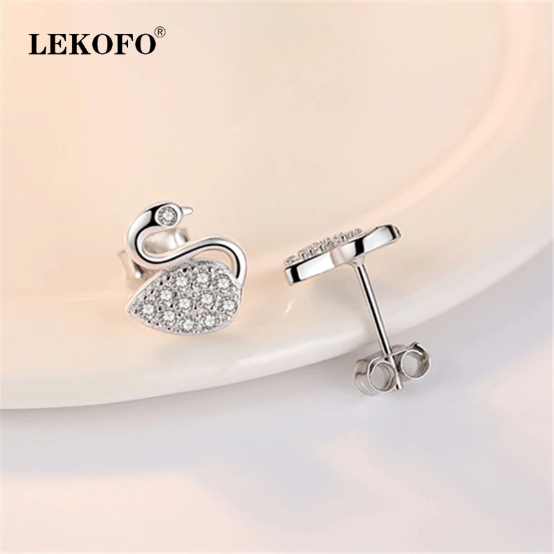 

LEKOFO New Design Crystal Swan Earring Fashion Jewelry Cubic Zirconia 925 Sterling Silver Stud Earrings