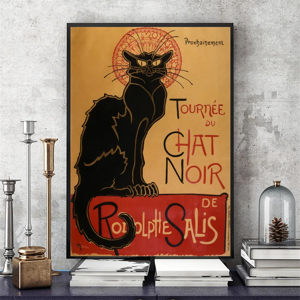 Print Poster Vintage Art Black Cat painting Chat Noir Canvas Framed