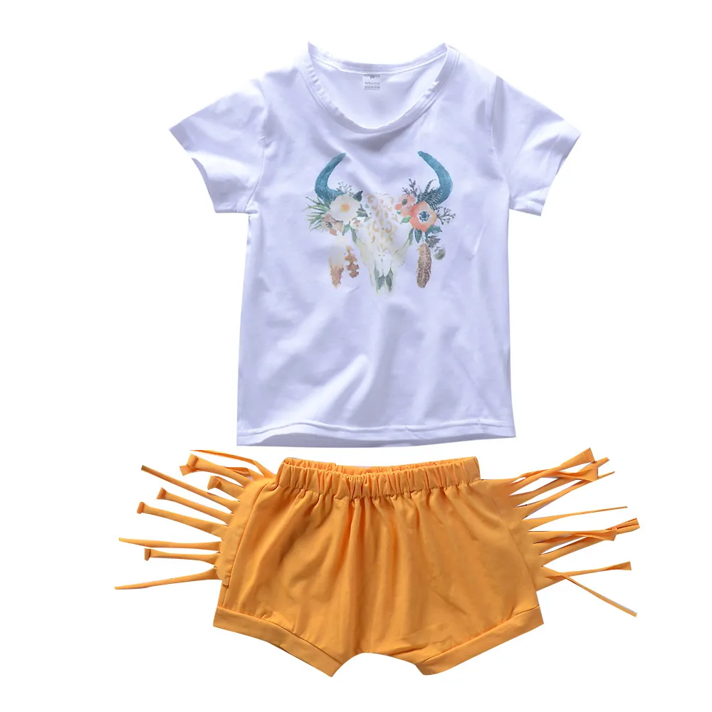 

Baby Girls Clothing Suit White Tee Floral Print Tops+Tassels Shorts 2pcs Kids Girls Clothes Sets