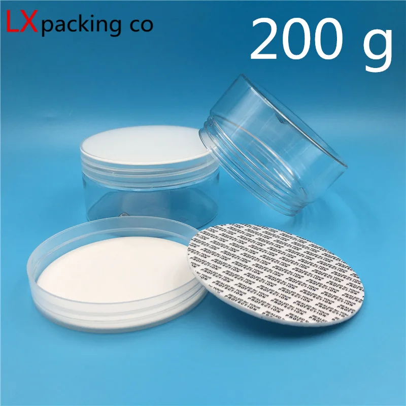 30pcs-free-shipping-200g-ml-clear-lucency-plastic-pet-empty-flat-bottle-jar-with-clear-screw-lid-honey-pomad-cosmetic-containers