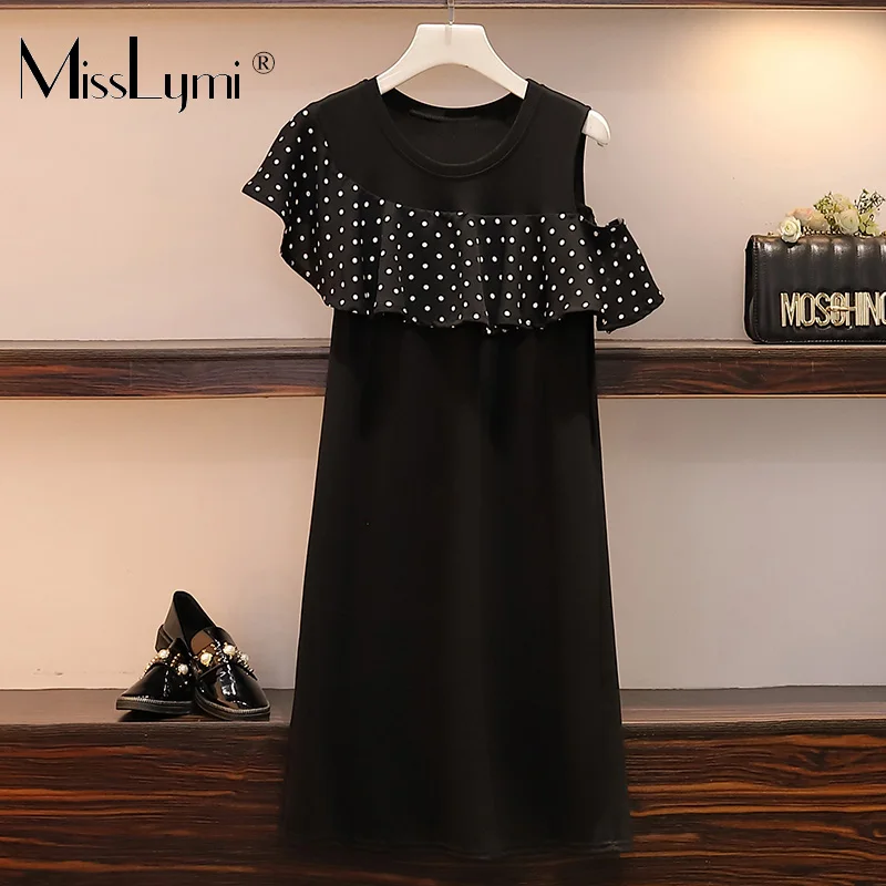 

XL-5XL Plus Size Women Cotton T shirt Dress Summer 2019 Polka Dot Print Ruffle Patchwork Off Shoulder Loose Casual Dresses