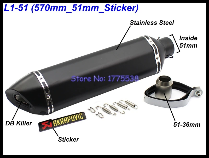 PHULEOVEO queda negro/Derecho de Akrapovic de Escape ID: 51mm/61mm L: 570mm/470mm/370mm motocicleta silenciador de Escape deflector