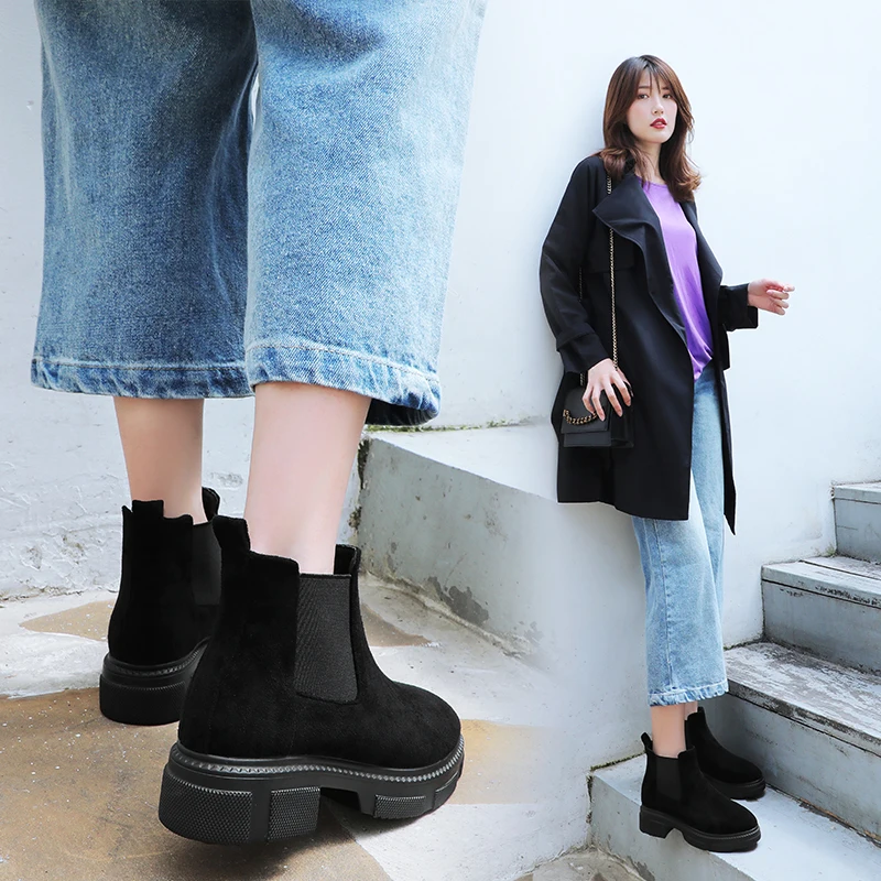 Boots Women 2019 new quality flock leather boots women high heels platform ankle boots for women round toe autumn winter shoes