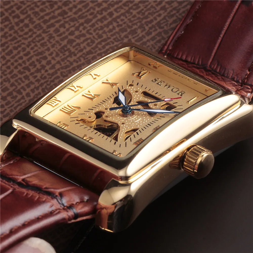 SEWOR, роскошные Брендовые мужские антикварные золотистые часы-скелетоны, наручные часы, механические наручные часы, винтажные кожаные часы, Relogio Masculino