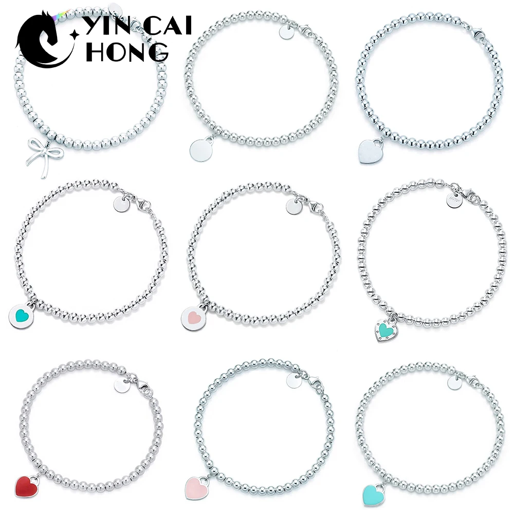 

YCH 100% 925 Sterling Silver Love Heart Shape Round Bow Bead Bracelet Simple Temperament Women Original Jewelry Gift TIFF