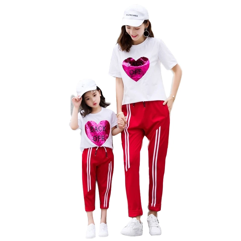 

Cotton T Shirt Pant Set Daughter Mother Pant Happy Family Matching Outfits Mom Daughter Clothing Red Long Pant Set Family Look
