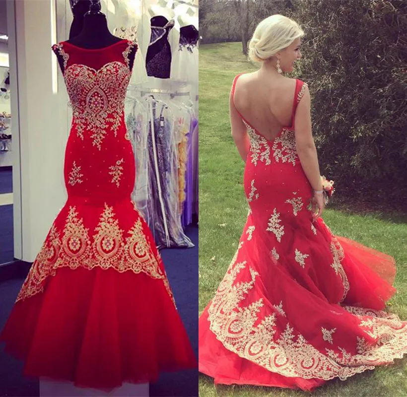 

Gorgeous Red Mermaid Prom Dresses Sheer Neck Cap Sleeves Appliques Lace Tulle Gold Backless Plus Size Evening Dresses