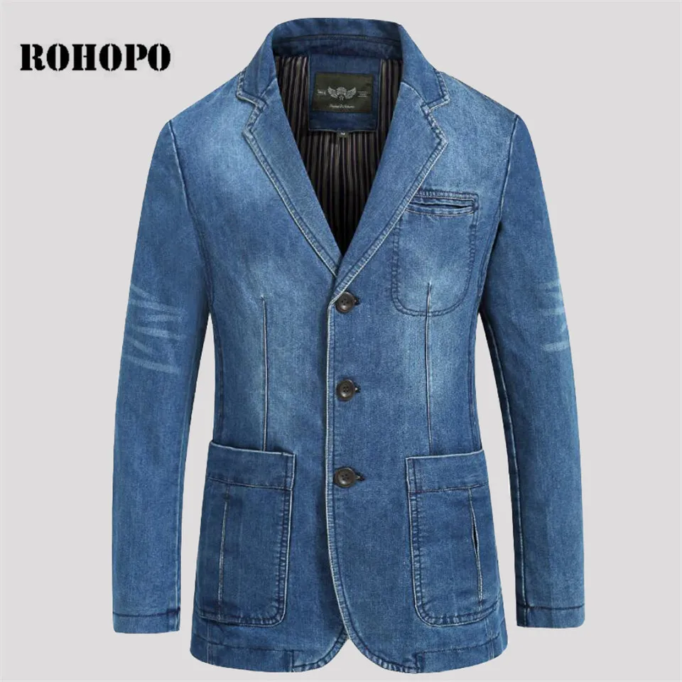 

ROHOPO Single Breast Sim Denim Blazer Man,Motor & Biker Fit Thicken Cotton Male Denim outwear,Sky Blue Militar casual blazers