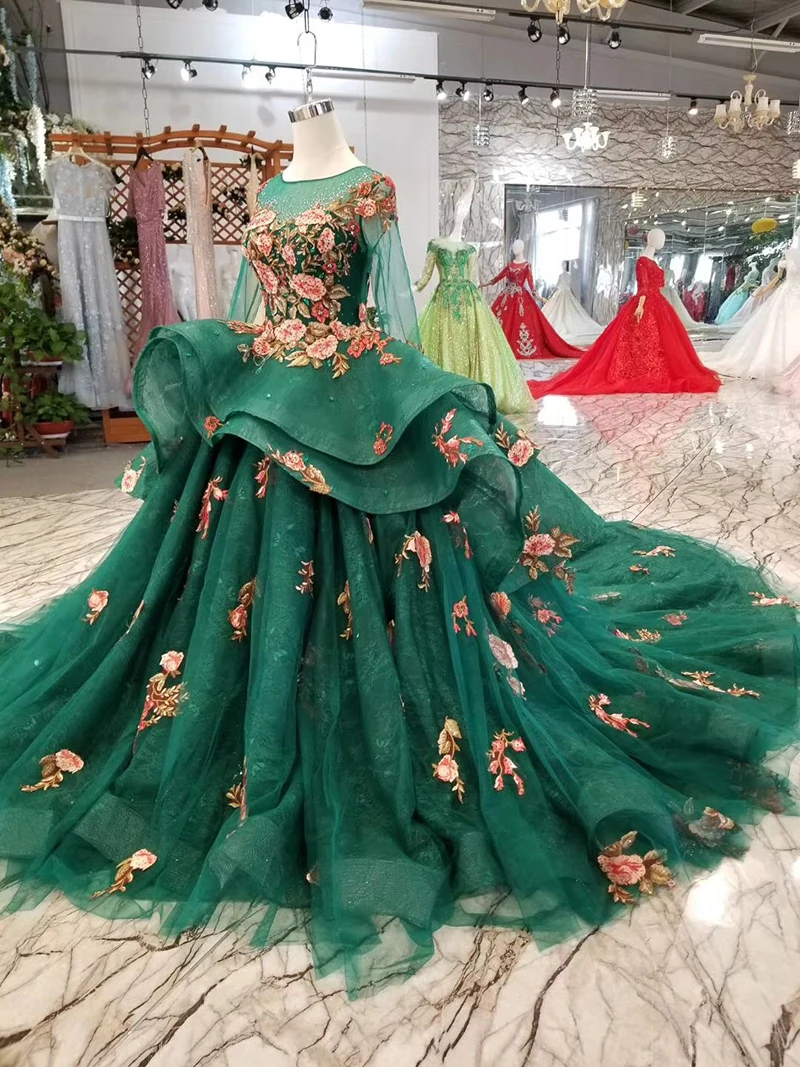 LSS143 Зеленые Вечерние платья кружевные цветные цветы с круглым вырезом вечернее платье длинные 100 см поезд выпускные платья, дамы больше слоев