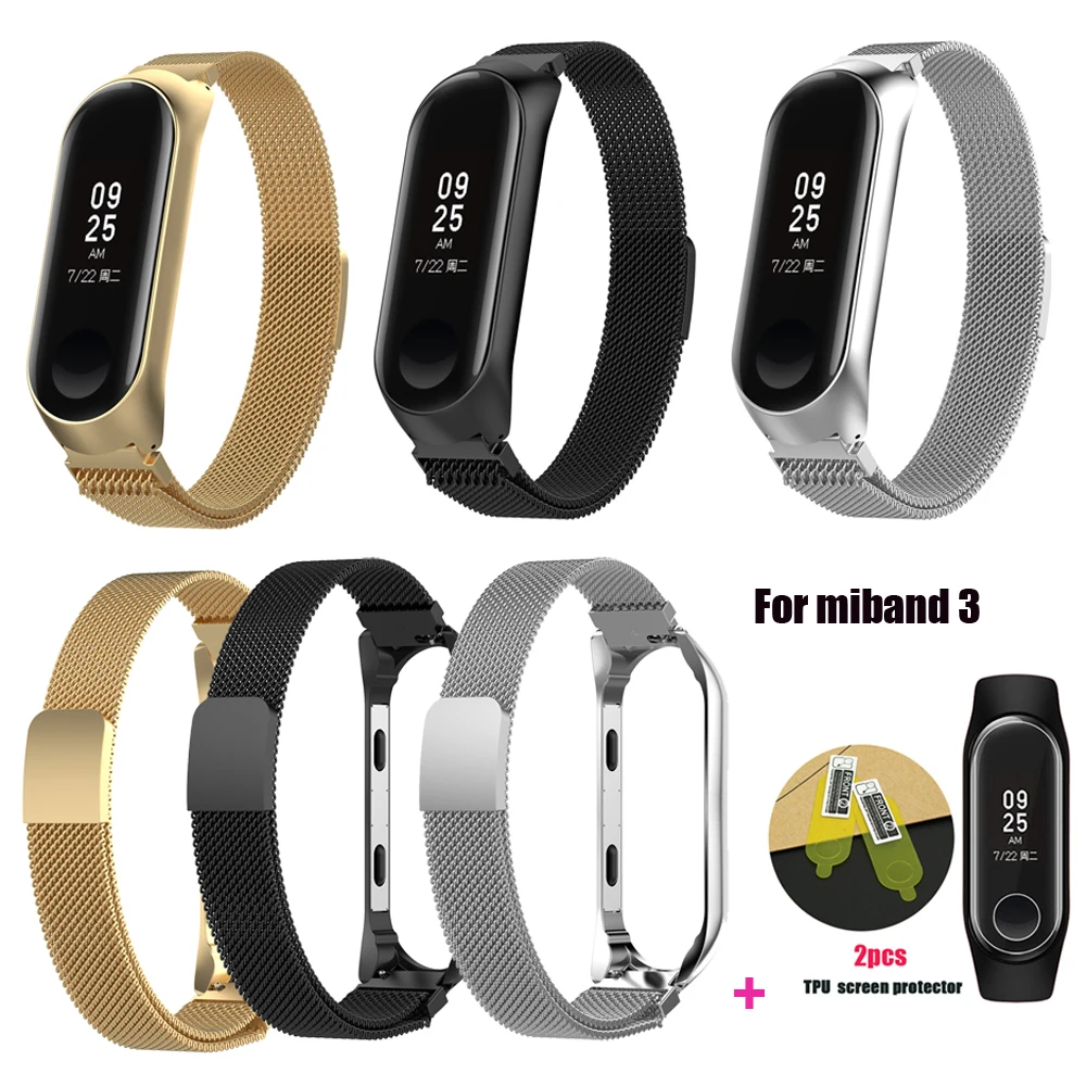 

YHNUJM For Xiaomi Mi Band 3 Milanese Loop Stainless Steel Strap Band+2pcs Screen film Protector