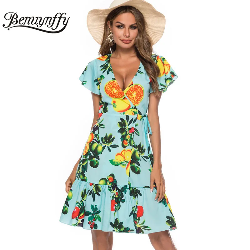 

Benuynffy Women Sexy Wrap V Neck Tie Print Dress 2019 Summer Vacation Beach Casual Butterfly Sleeve Ruffle Hem Pleated Dress