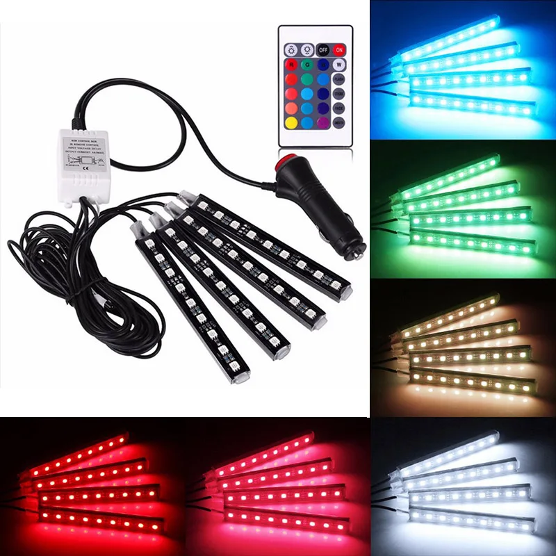 

9 Led 4 In 1 Car Interior 5050 RGB Atmosphere Lights Dash Floor Foot Strip Light Car Cigarette Lighter Adapter Decorative Lamp