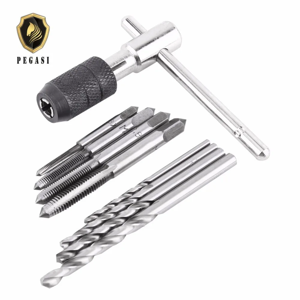 

PEGASI 9Pcs/Set Screw Taps & T-shaped Wrench & Twist Drill Bits Threading Screw Tap Holder Reamer Tapping Hand Tool Kit