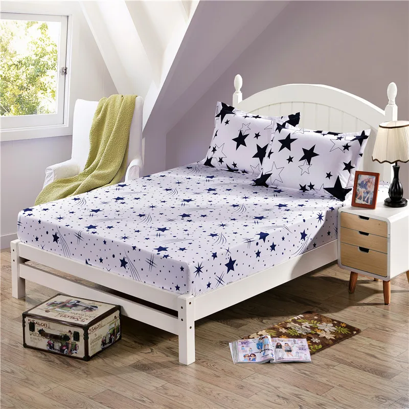 Moon Stars Printing Fitted Sheet With Elastic Band Bed Sheets Adult Mattress Cover 1pc Fitted Bed Sheet Only XF339-3