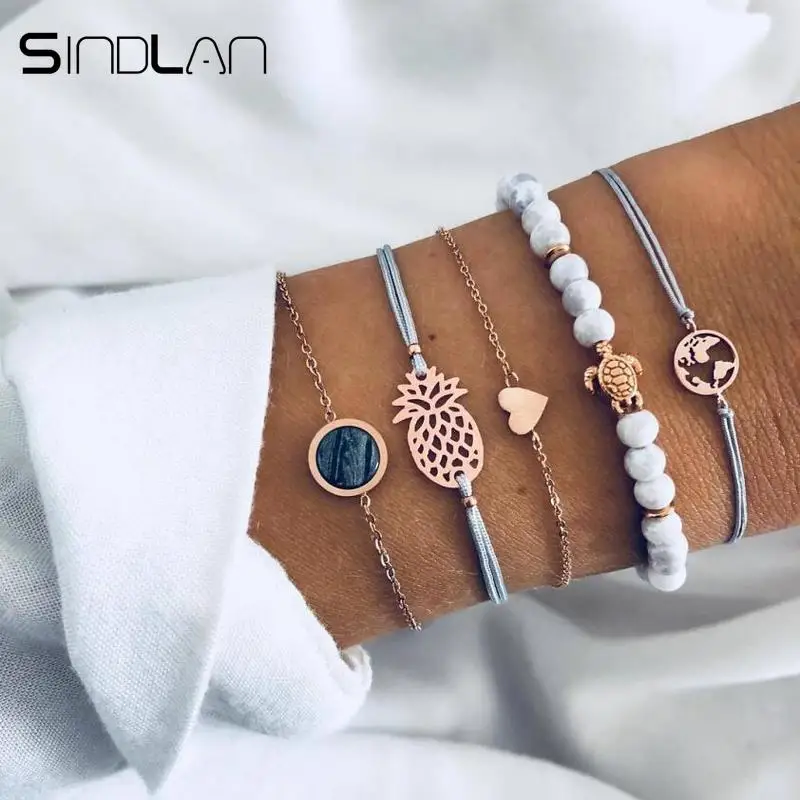 

Sindlan 5PCs Bohemia Pineapple Turtle Natural Stone Bracelets for Women Handmade Weave Bracelet Set Hollow Map Wrist Chain Jewel