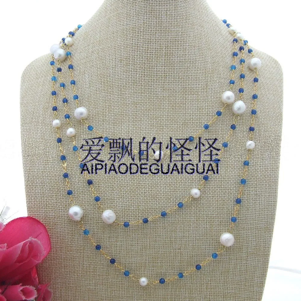 

70" White Round Keshi Pearl Blue FacetedOnyx Necklace
