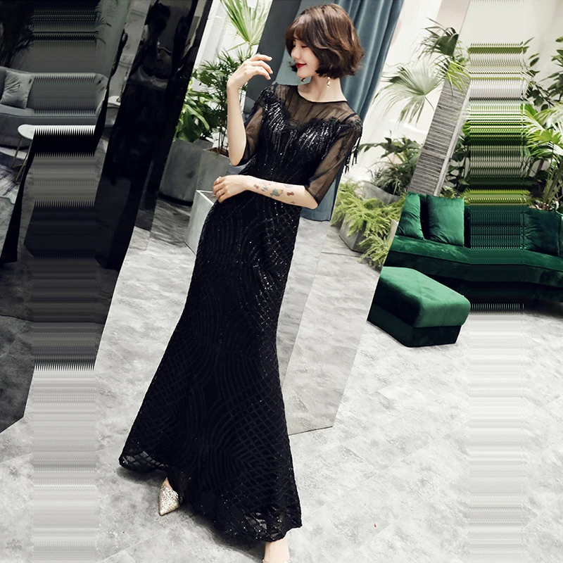 Вечернее платье с коротким рукавом, женские вечерние платья, элегантное платье с открытой спиной De Soiree, большие размеры, вечерние платья с круглым вырезом и блестками, E722 - Цвет: black