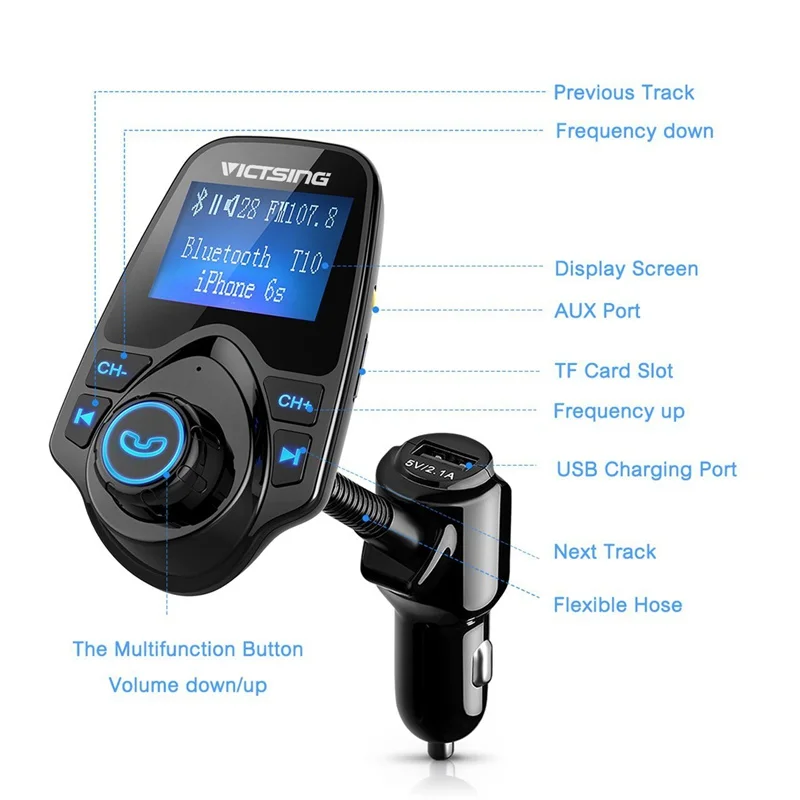 VicTsing Bluetooth FM Transmitter Wireless Car Radio Adapter MP3 Player FM Modulator with Car Charger Hands-free Talking Car Kit (5)